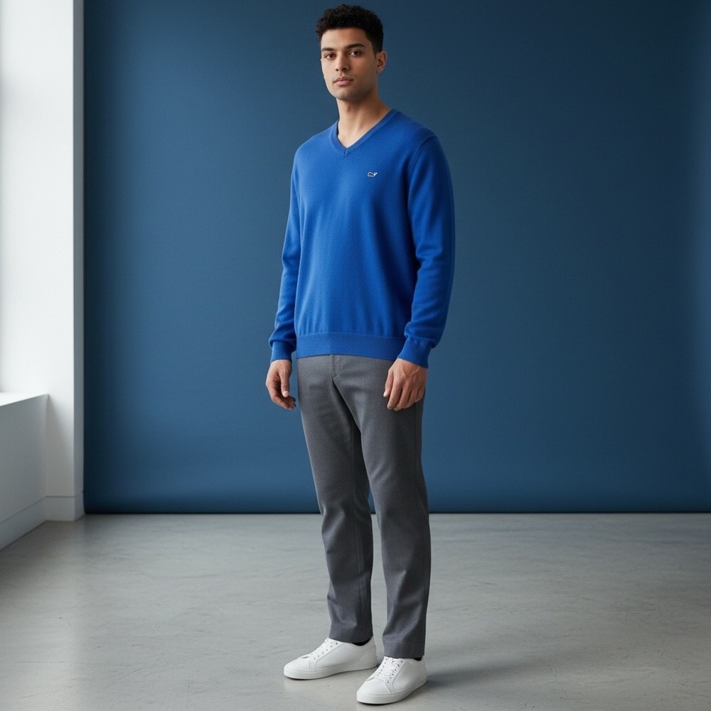 Vineyard Vines Men's V Neck Sweater‎ Royal Blue Whale Logo Cotton Size S